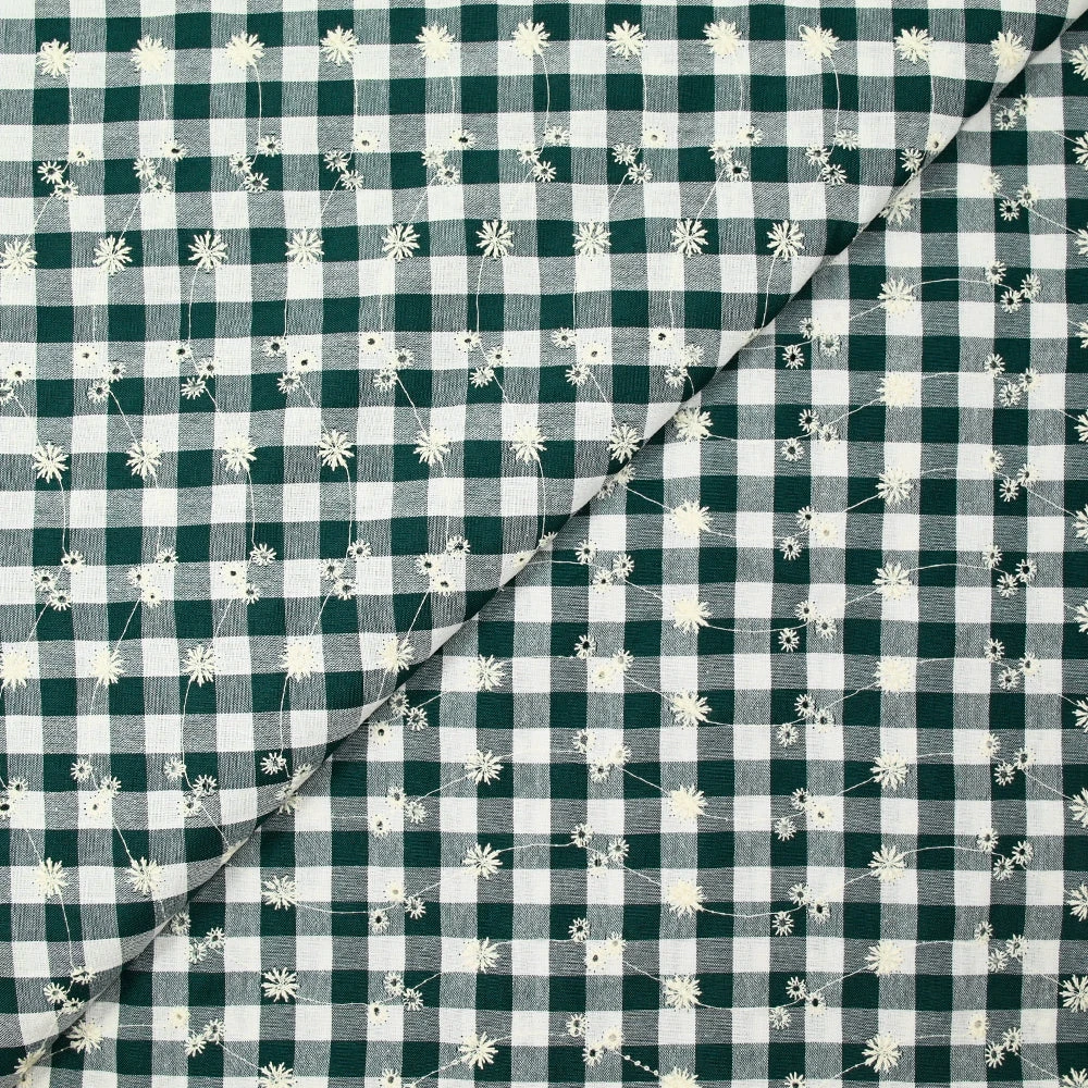 Coton Vichy brodé Flore vert fôret