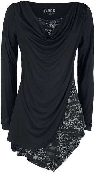 TAILLE XL Black Long-Sleeve Shirt with Waterfall Neckline and Print