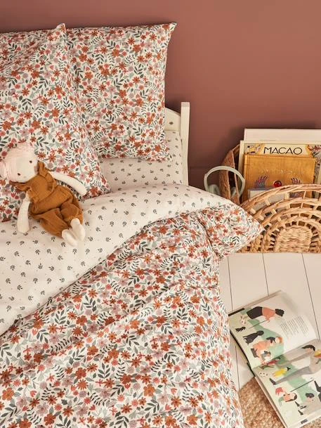 Parure housse de couette et taie d'oreiller réversible RETRO FLOWERS, avec coton recyclé multicolore - Vertbaudet