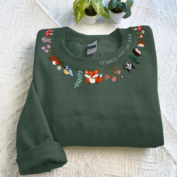 Respect The Locals Animal Fox Embroidered Crew Neck  Sweatshirt Taille S