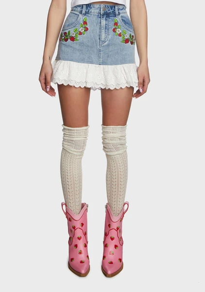 Dolls Kill X Strawberry Shortcake Embroidered Strawberry Denim Mini Skirt - Blue