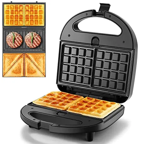 Tiastar Appareil à Croque Monsieur 3 en 1 Machine à Sandwich, Gaufrier, Presse à Paninis,750W, avec 3 Plaques Antiadhésives et Interchangeables,Affichage LED et Poignée Cool Toucher