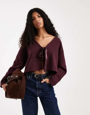 Miss Selfridge - Gilet côtelé brossé à nœud en satin - Prune