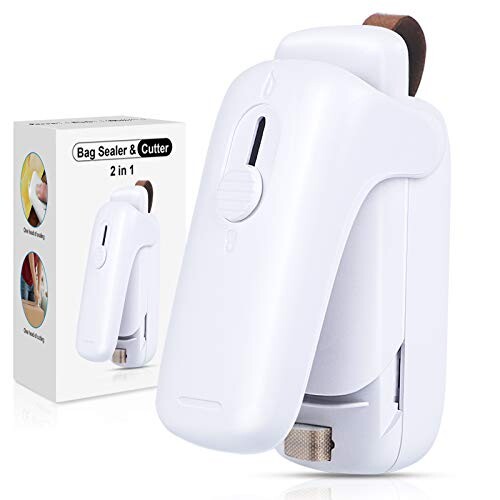 XIMU Mini Scelleur, 2 en 1 Mini Scellant pour Sacs Bag Sealer Scelleuse De Sacs avec Cutter, Scelleur Thermique, Mini Scelleur Portatif, Scelleur de Sac pour Plastique (Batterie Incluse) (Blanc)