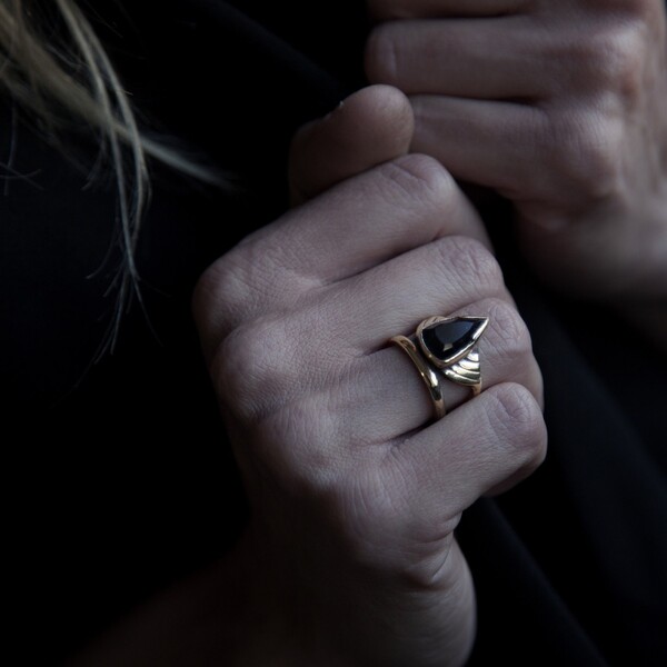 Arrow Ring - Faceted Black Onyx Ring set on solid bronze