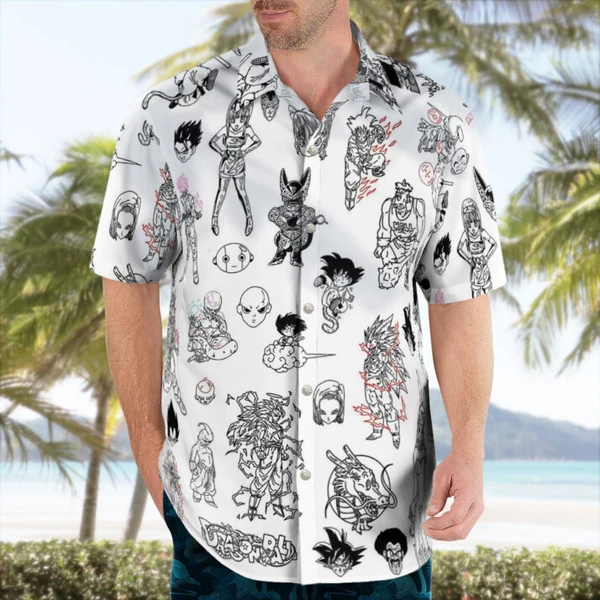 Black White Characters Dragon Ball Z Button Up Hawaiian Shirt