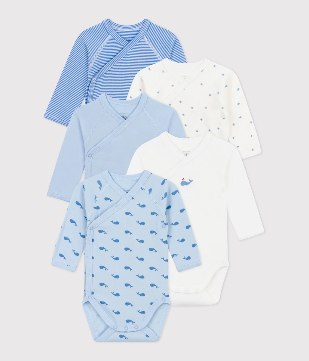 Lot de 5 bodies croisés manches longues en coton imprimé bébé