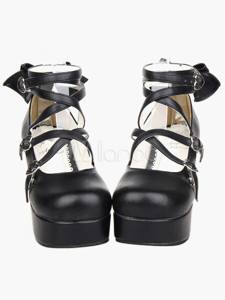  Lolitashow Plate-forme noir poney talons Lolita Shoes PU cheville bretelles Bow Decor bout rond