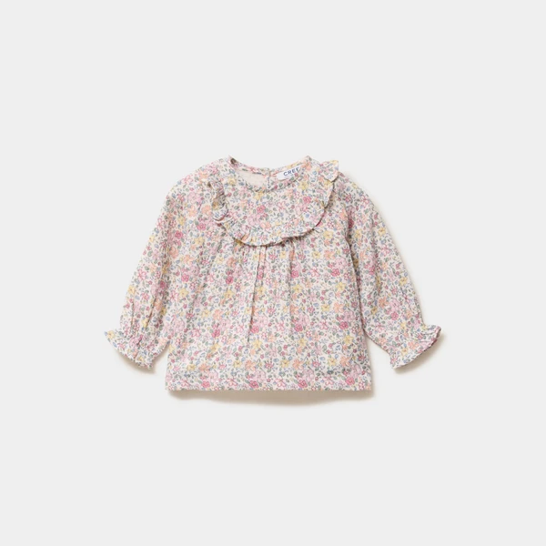 Blouse avec volants en gaze de coton ecru bébé fille