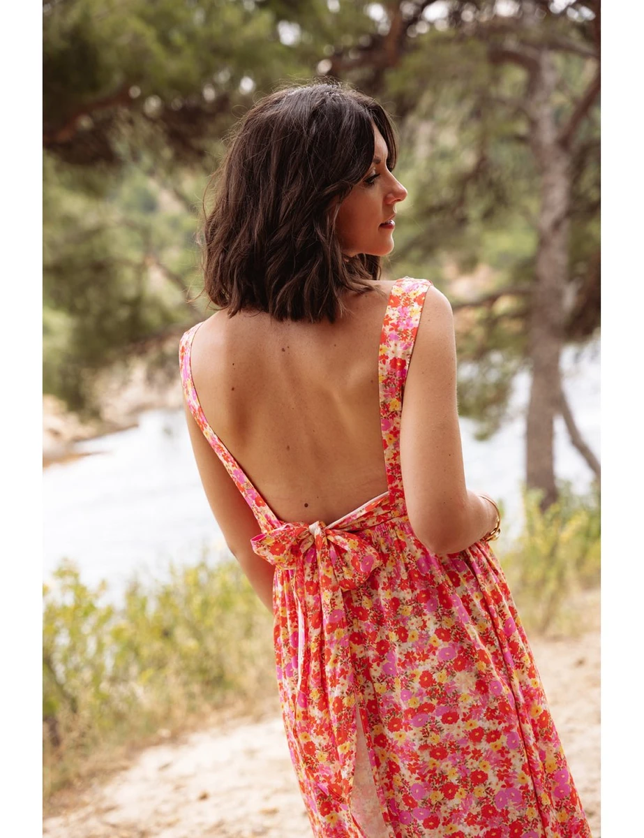 Robe Rosalie - Robe longue fleurie fluide bretelles liens à nouer en viscose - Nouvelle collection - Douze Juin