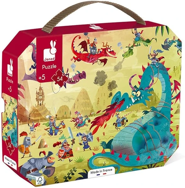 Janod - Puzzle Enfant Dragons 54 Pièces - Jeu Educatif Motricité Fine et Concentration - Valisette Poignée - Fabriqué en France - Certifié FSC - Encres Végétales - Dès 5 ans, J02615