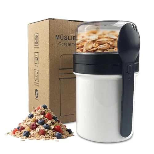 TERRARIDE Tasse à Yaourt 250ml+450ml, Coupe de Yaourt Tasse de Céréales avec Couvercle et Cuillère, Anti-Fuite Boite Yaourt Coupe de Muesli avec Récipient à Sauce,Gobelet à Céréales pour le Travail