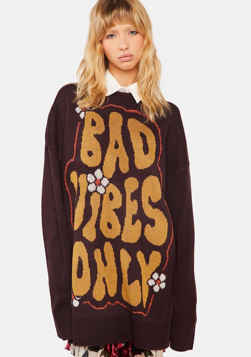 Current Mood Bad Vibes Only Intarsia Graphic Oversized Knit Sweater - Brown