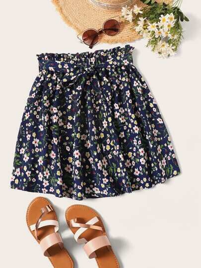 Jupe ceinturée à taille froncée avec imprimé floral