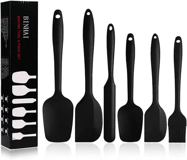 Lot de 6 spatules BINHAI en silicone anti-adhésif avec noyau en acier inoxydable résistant à la chaleur pour cuisiner, cuire et mélanger Noir
