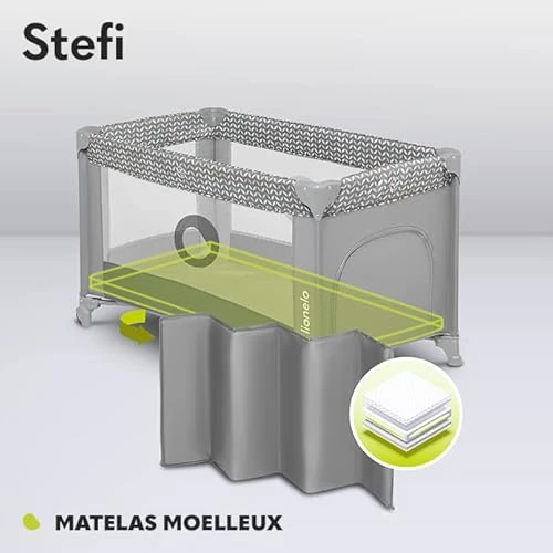 LIONELO Stefi lit bebe parc bebe jusqu'à 15 kg, entrée latérale, dispositif de protection contre le pliage accidentel LockGuard, système de pliage rapide, sac de transport (Gris)