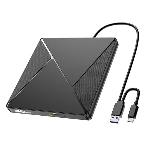 Lecteur CD/DVD Externe pour PC, USB 3.0 et USB-C Graveur DVD Externe Optique Portable CD/DVD -/+RW Drive, Mince DVD Player Transmission Rapide Câble USB Intégrée pour Windows/MacOS/Laptop/Desktops
