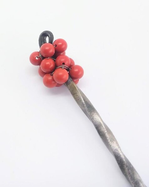 Red Howlite beaded, hand forged iron hair stick/ shawl pin. Pick.