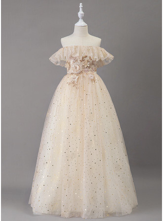 Pour Sharone Coupe Évasée Longueur ras du sol Robes à Fleurs pour Filles - Tulle/Pailleté Sans manches Hors-la-épaule avec Dentelle (010217272)