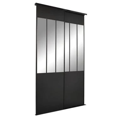 Pack double porte de placard Atelier noire et verrière miroir H.2500 x L.1500 mm