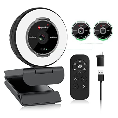 Angetube Streaming Webcam avec microphone - 1080P 60FPS USB WebCam avec lumière circulaire et télécommande - Caméra Web HD avec zoom numérique 5X Cache-privacité intégré pour : PC/Portable/Mac/Laptop.