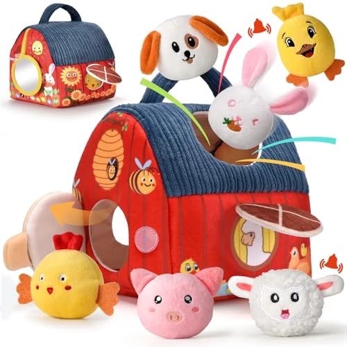 VORENUS Jouet Bebe 6 Mois Animaux de la Ferme en Peluche, Jeux Montessori avec Grange, Hochets, Miroirs Jouets de tri Sensoriel Montessori avec Grange, Cadeau Bebe Enfant 6 9 12 18 Mois Garçon Fille