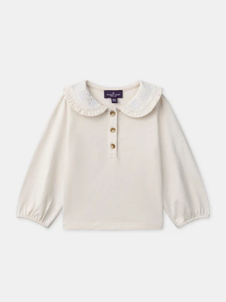 T-shirt écru à col claudine et broderies fleurs Bébé Fille