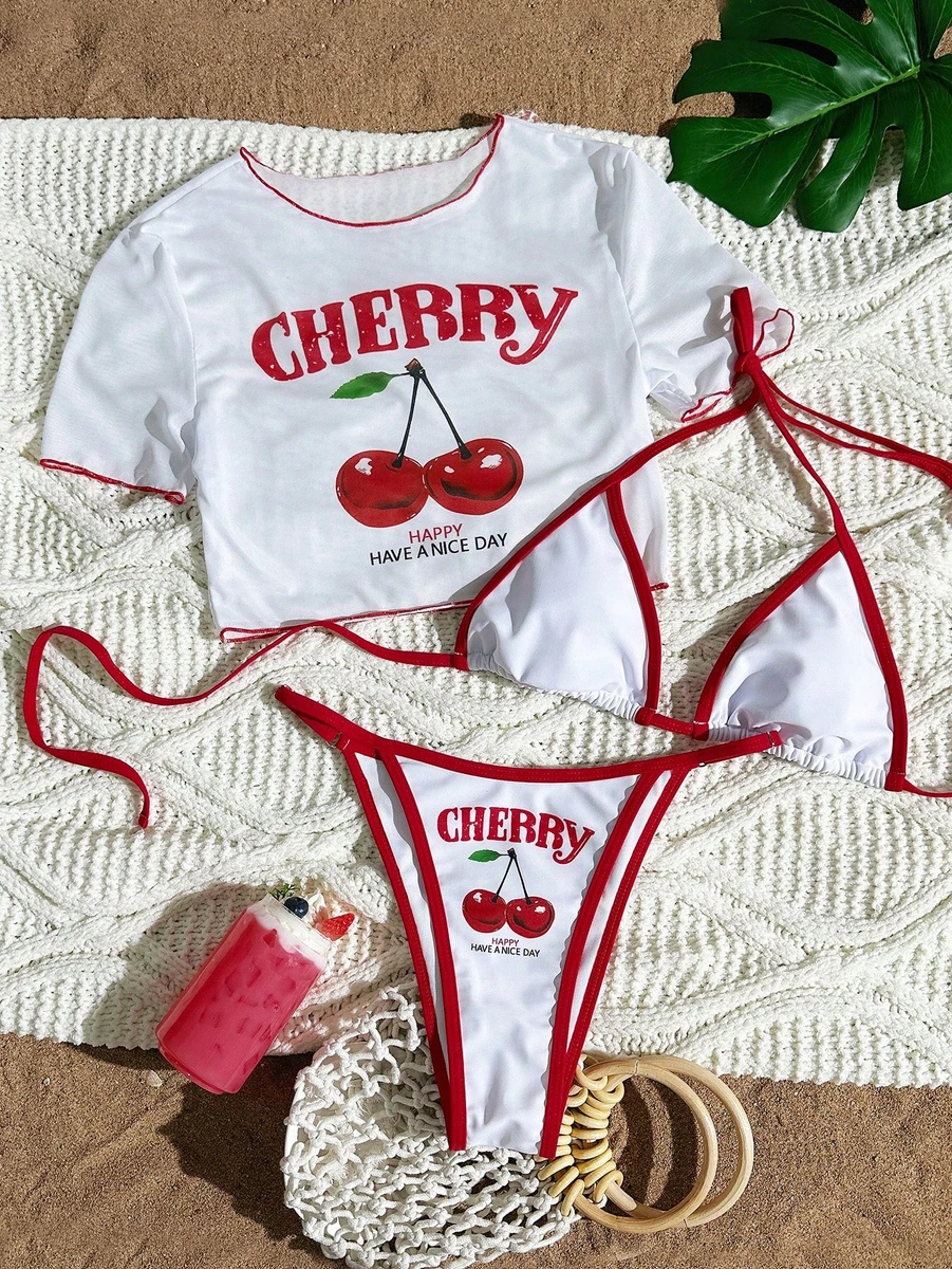 Swim Mod 3 pièces Set de vêtements de surf d'été pour femmes : Bikini à fines bretelles à imprimé cerise, Cache-maillot transparent à manches courtes col rond à maille tricotée pour vacances à la plage