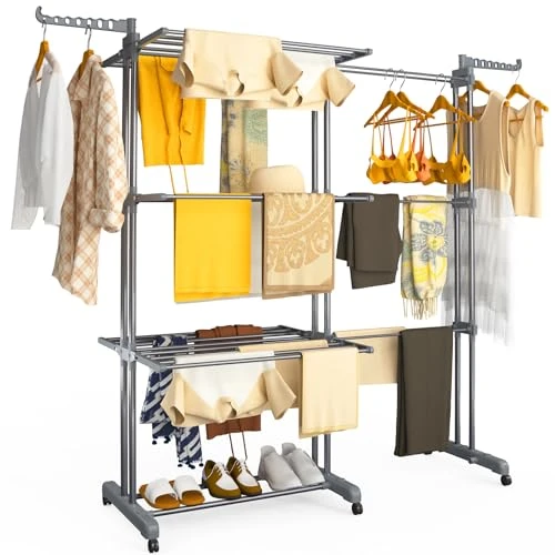 vounot® Étendoir à Linge Extensible à 4 Niveaux 190x64x170cm Séchoir Vertical Pliable Grande Capacité avec roulettes Ailes latérales Multifonction pour Intérieur et Extérieur Gris