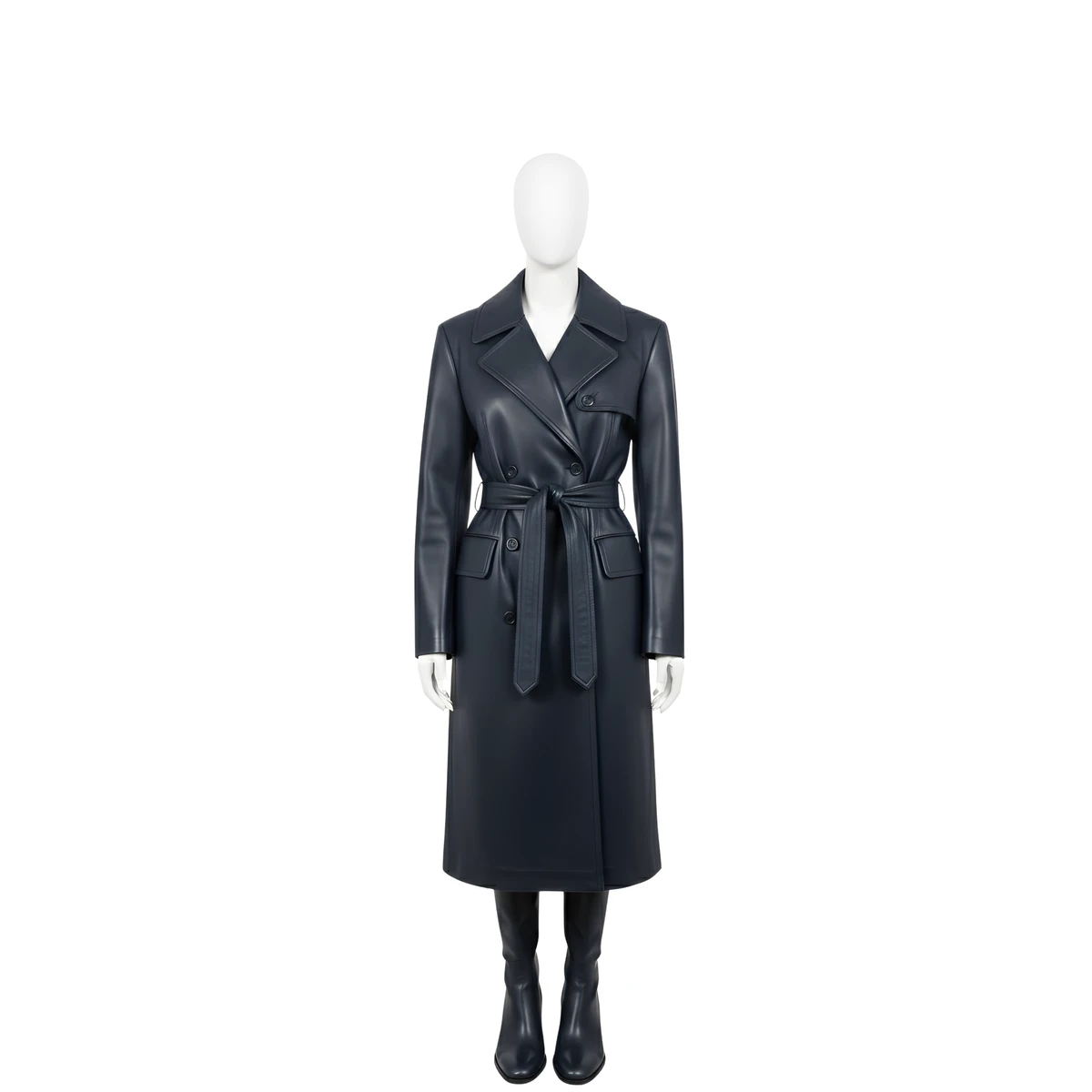 Women’s Leather Trench Coat – Double-Breasted Long Coat – Long Belted Wrap Coat – Classic Winter Fashion