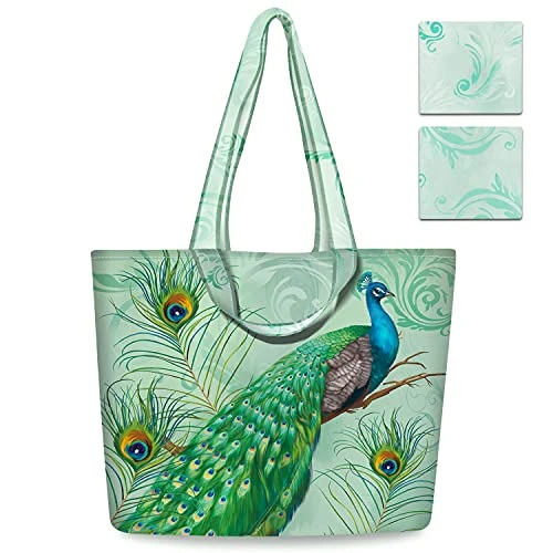 NymphFable 2 Pcs Sac Courses Reutilisable Paon Cabas De Courses Lavables Grand Pliable Polyester Tote Bag