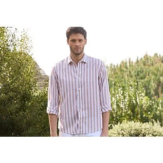 Chemise coton lin rayée Camel et Blanc - BRUNIEN
