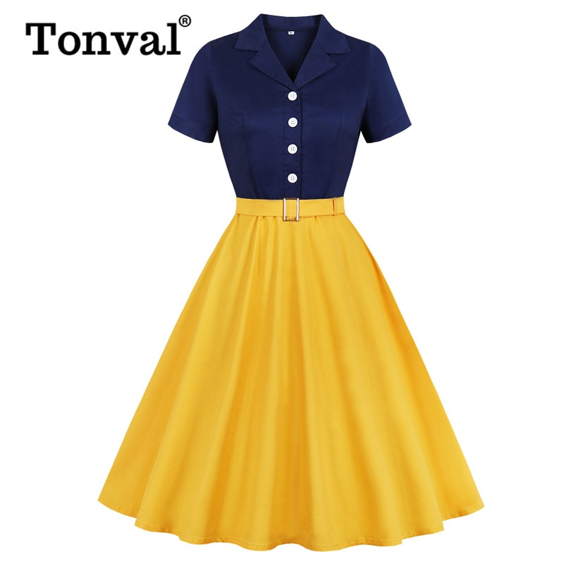 Tonval bleu marine et jaune deux tons bouton Up coton robe élégante femmes ceinturée Rockabilly