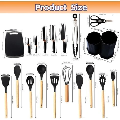 Ensemble de 19 Ustensiles de Cuisine avec 5 Couteaux Planche à Découper et Boîte de Rangement en Forme de Losange – Accessoires en Silicone Noir Résistants à la Chaleur