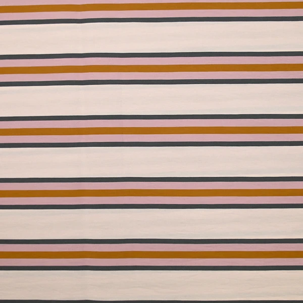 Twill polycoton rayé rose et moutarde fond coquille d'œuf