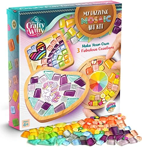 Kit d'artisanat en mosaïque - Décorez sous-verre avec des carreaux mosaïque. Cadeaux d'anniversaire, fournitures d'art, kit d'activités pour enfants, filles et adolescents (calfeutrage en poudre)