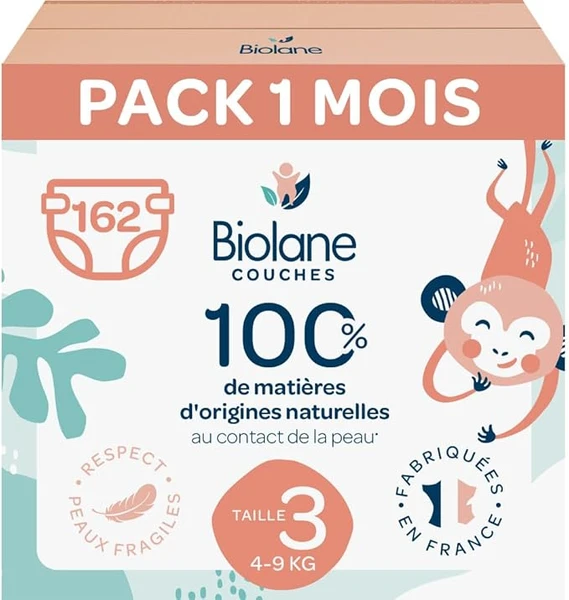 BIOLANE - Couches Taille 3 - (4-9 kg) - Peaux Sensibles - Ultra-Absorbant, Pas de Fuite, 12h au Sec - Pack 1 mois 162 couches - Fabriqué en France
