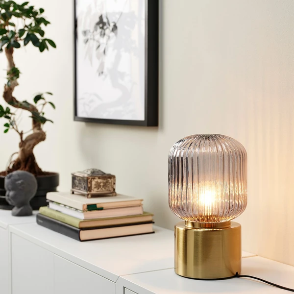 SOLKLINT Lampe de table - pied laiton/verre gris transparent 28 cm
