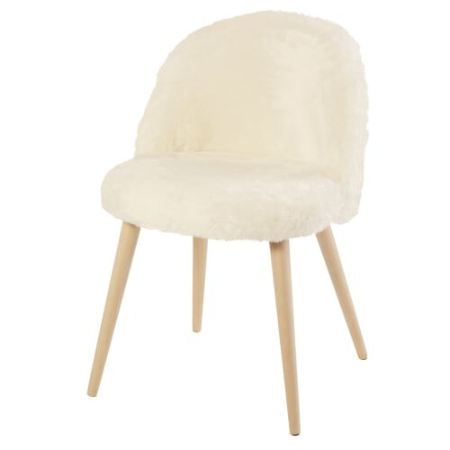 Chaise vintage en imitation fourrure ivoire et bouleau | Maisons du Monde