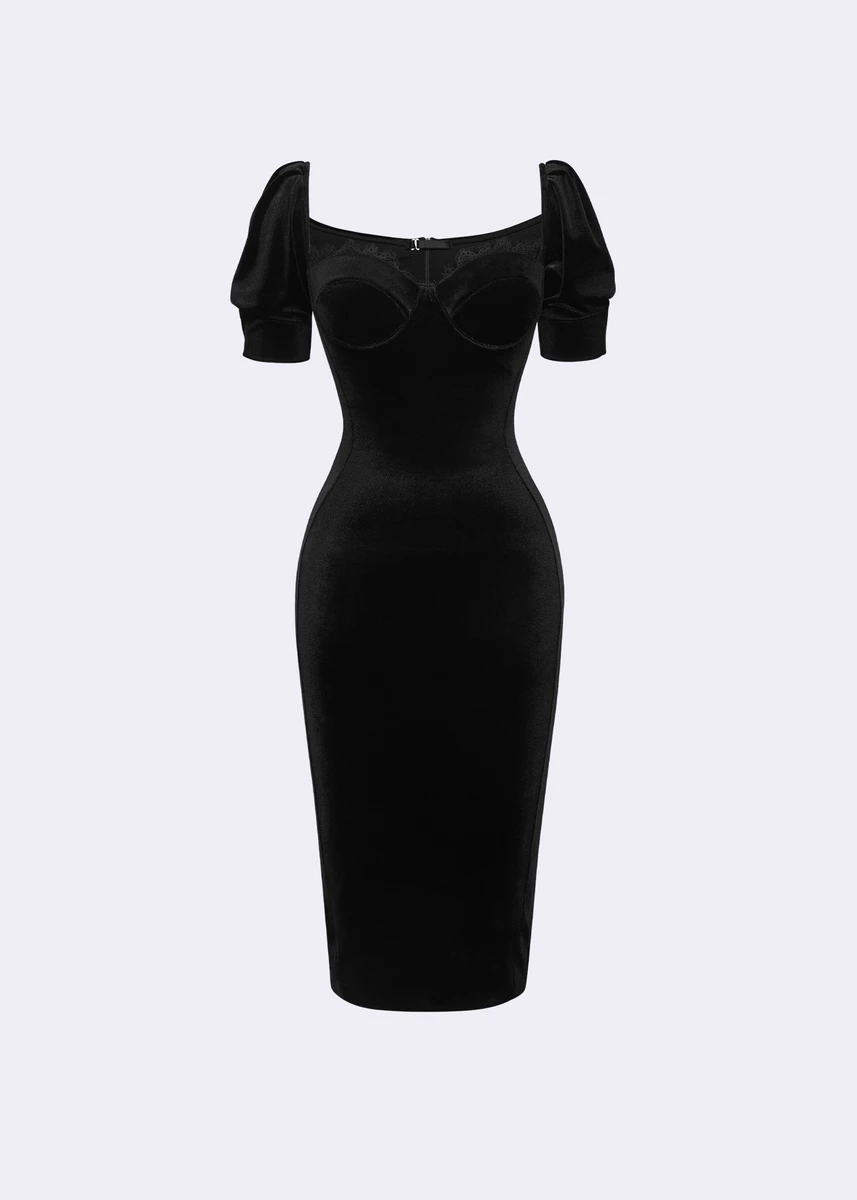 "Boleyn" Black Stretch Velvet Bustier Sheath Dress - POEM
