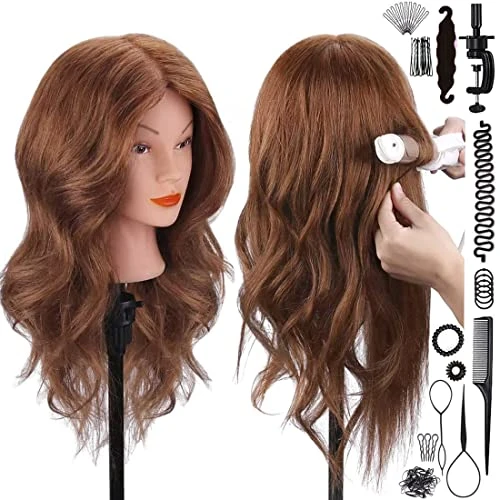 SZCY LLC Tête de mannequin avec cheveux 100 % humains Marron foncé 45,7 cm Cheveux naturels Cosmétologie Coiffure Pratique Entraînement Tête de poupée avec pince et outils