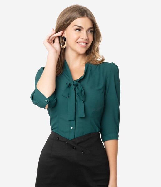 1950s Style Emerald Green Crepe Button Up Neck Tie Blouse