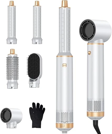 Seche Cheveux 5 en 1,1000w Air Styler, Brosse Soufflante, 30mm Air Curl outil de Sèche - Cheveux, Amovible pour le Lissage des Boucles Sèches 3 Vitesse du Vent et de la Température(Blanc)