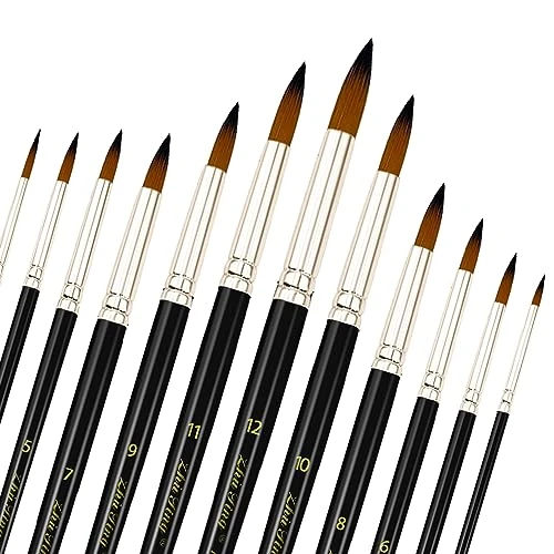 12 Pièces Nylon Pinceaux Peinture Acrylique Professionnel, Artiste Pinceau Set pour Aquarelle Gouache Peinture à l'huile, Art Paint Brush Ronds Pointus Langue de Chat Ovale Lavage (Noir)