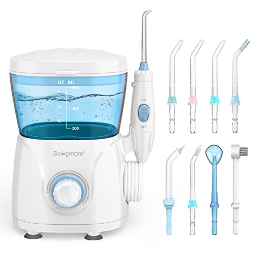 Sawgmore Jet Dentaire Hydropulseur, Hydropulseur Dentaire Professionnel avec 8 Busettes Multifonctionnelles, 10 réglages de pression d'eau, 600ML Irrigateur Dentaire Pour Les soins Familiaux