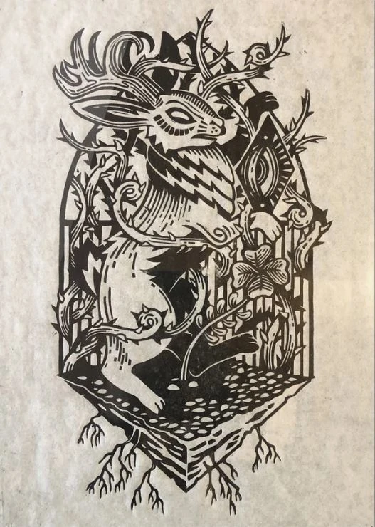 Jackalope - Linocut on rice paper, strange bestiary