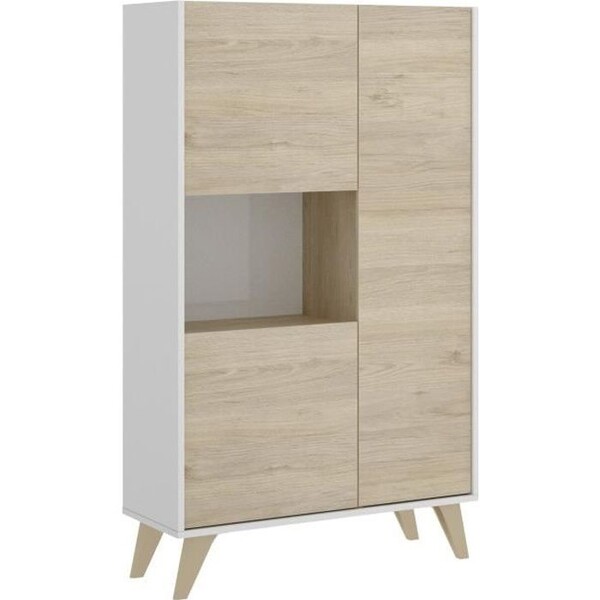 Buffet haut 3 portes - Décor Chêne et blanc - NESS