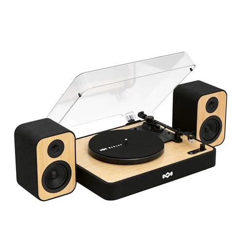 House of Marley Revolution Platine Vinyle Bluetooth avec Enceintes Bibliothèque Filaires 8W – Tourne Disque, Matériaux Recyclés, Lecteur Vinyle avec Couvercle, Installation Facile