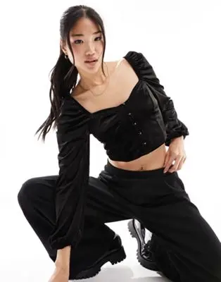 New Look - Top corset à manches longues en velours - Noir