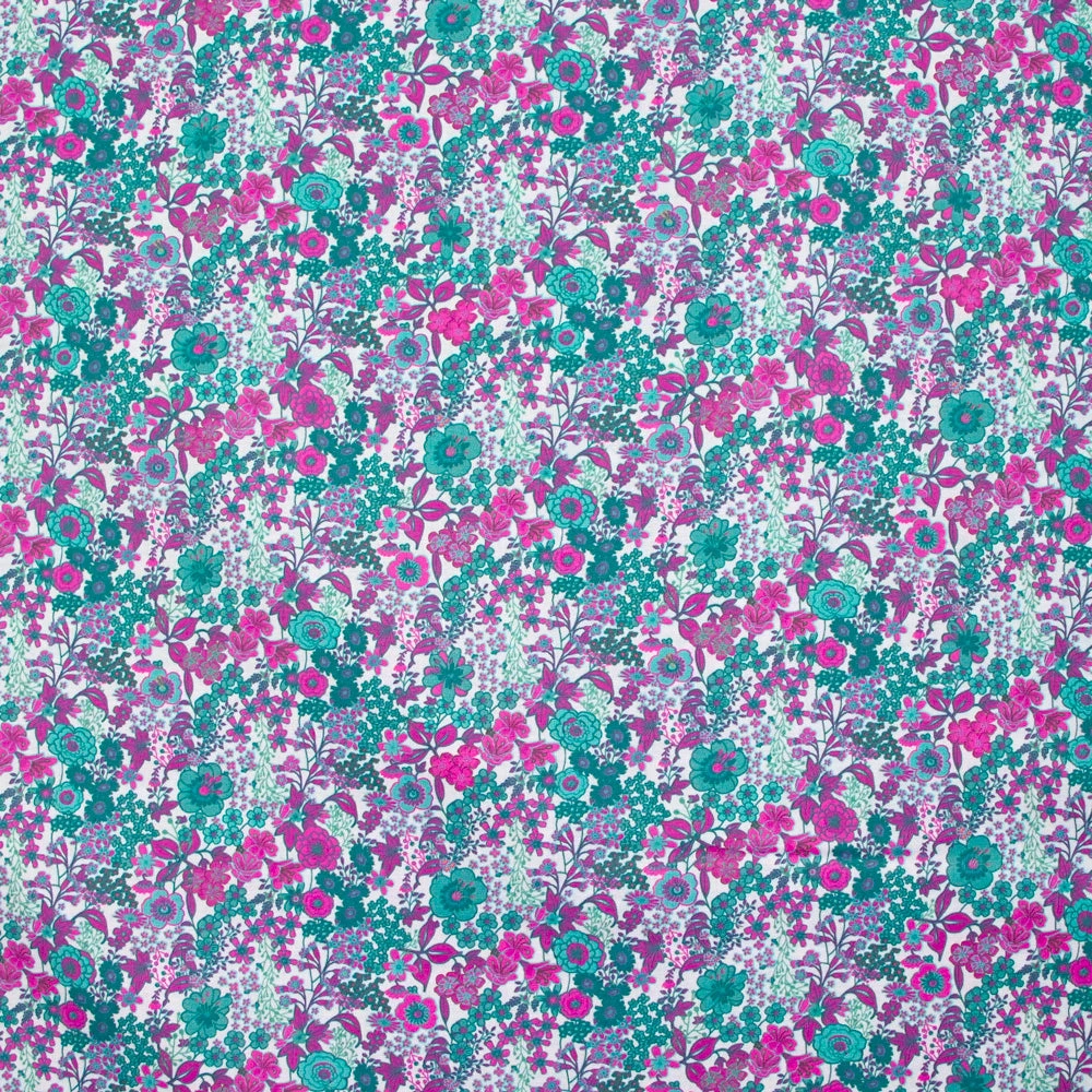 Coton imprimé Matilde fleurs canard et fuchsia au mètre
